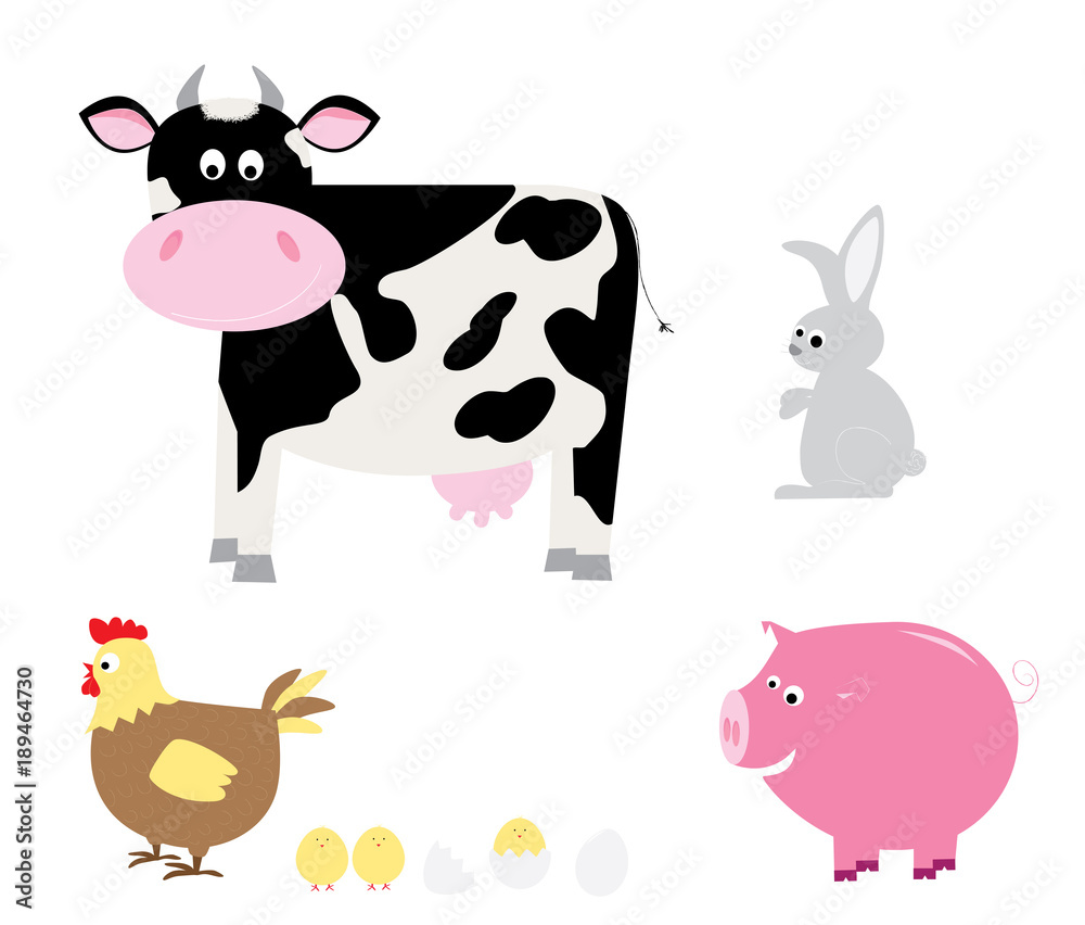 set of flat style cartoon farm animals / vector illustration for children set of flat style cartoon farm animals / vector illustration for children