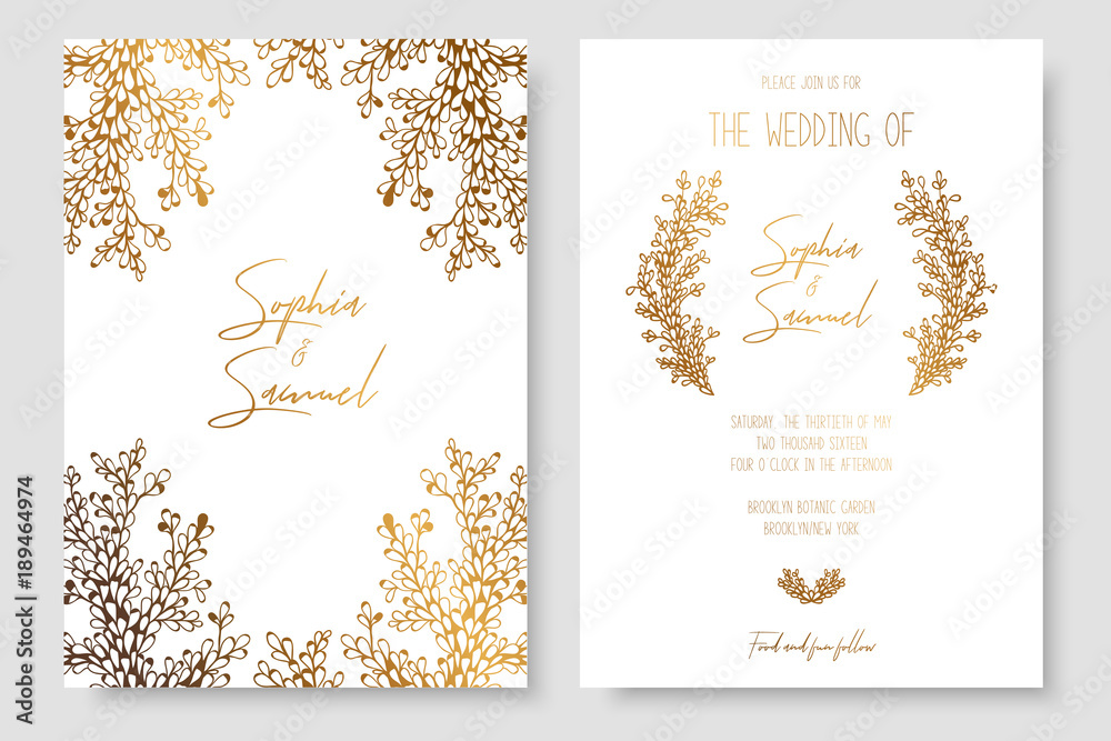 Gold invitation with floral branches. Gold cards templates for save the date, wedding invites, greeting cards, postcards. - obrazy, fototapety, plakaty 