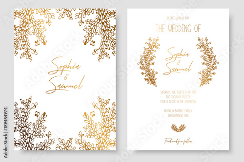 Gold invitation with floral branches. Gold cards templates for save the date, wedding invites, greeting cards, postcards.
