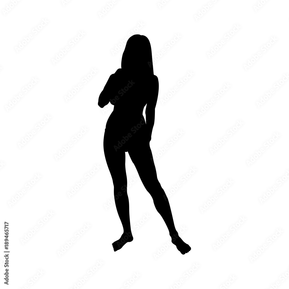 Icono plano silueta chica desnuda de pie negro en fondo blanco