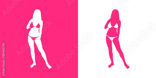 Icono plano silueta chica en bikini de pie rosa y blanco