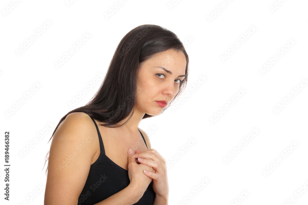 Portrait of a young gloomy young women, suspicious emotion concept Portrait of a young gloomy young women, suspicious emotion concept