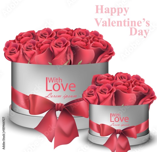 Red roses bouquet in gift boxes Vector realistic