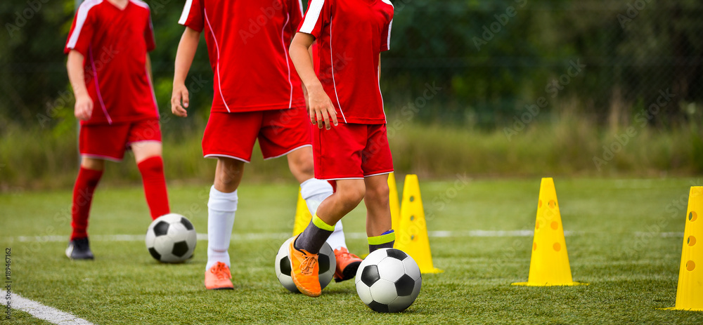 Obraz premium Soccer camp for kids. Children training soccer skills with balls and cones. Soccer slalom drills to improve football dribbling fast