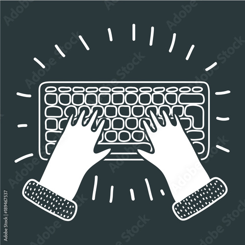 Flat Hands typing on keyboard with cable and pastel background vector illustration