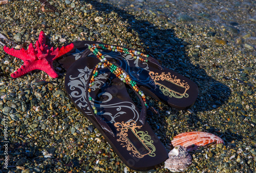 Summer vacation concept-flipflops with sea star and shells on the beach. photo