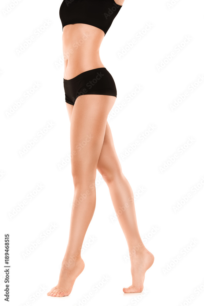 Long pretty woman legs on white background Long pretty woman legs on white background