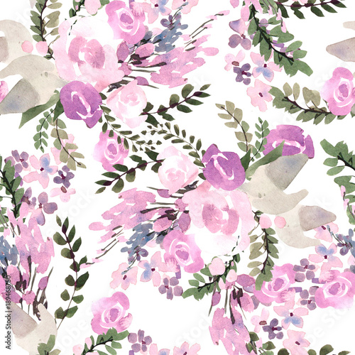 Beautiful watercolor pattern with pink flowers.