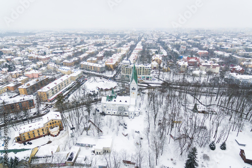 Aerial: The Kaliningrad Puppet Theatre in snowy winter