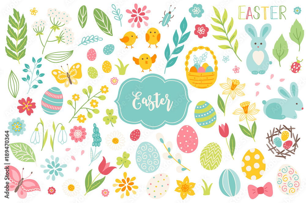 Set of Easter design elements. Eggs, chicken, butterfly, rabbit, tulips