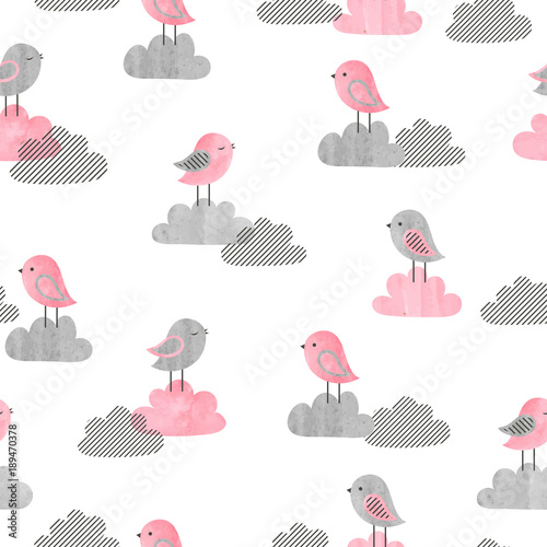 Seamless pattern with cute birds and clouds. Baby print. Vector illustration © Afanasia