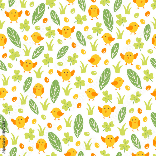 Wallpaper Mural Easter seamless pattern with chicken, leaves, eggs and grass Torontodigital.ca