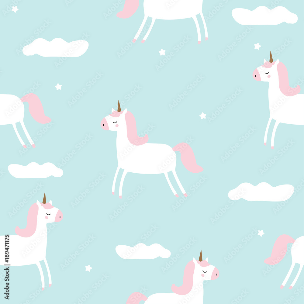 Seamless pattern with magical unicorn in the sky. Vector hand drawn illustration.