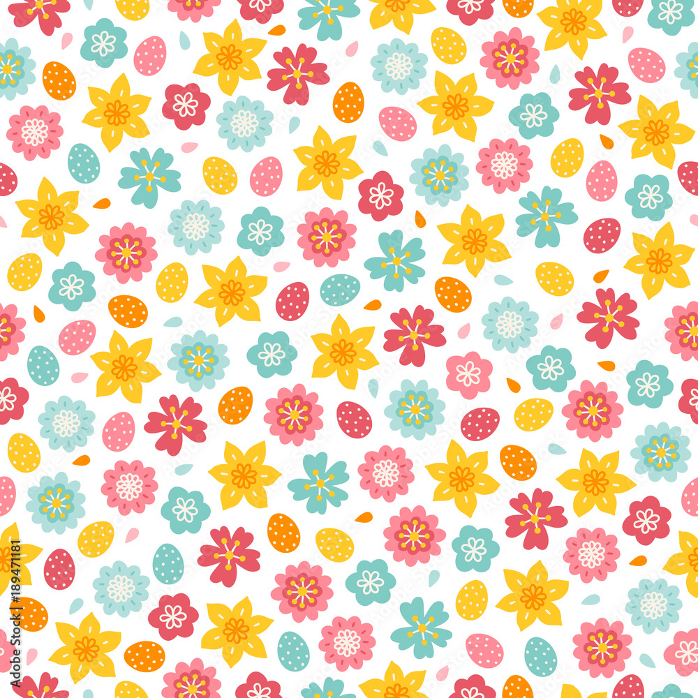 Easter seamless pattern with flowers, narcissus, petals and eggs