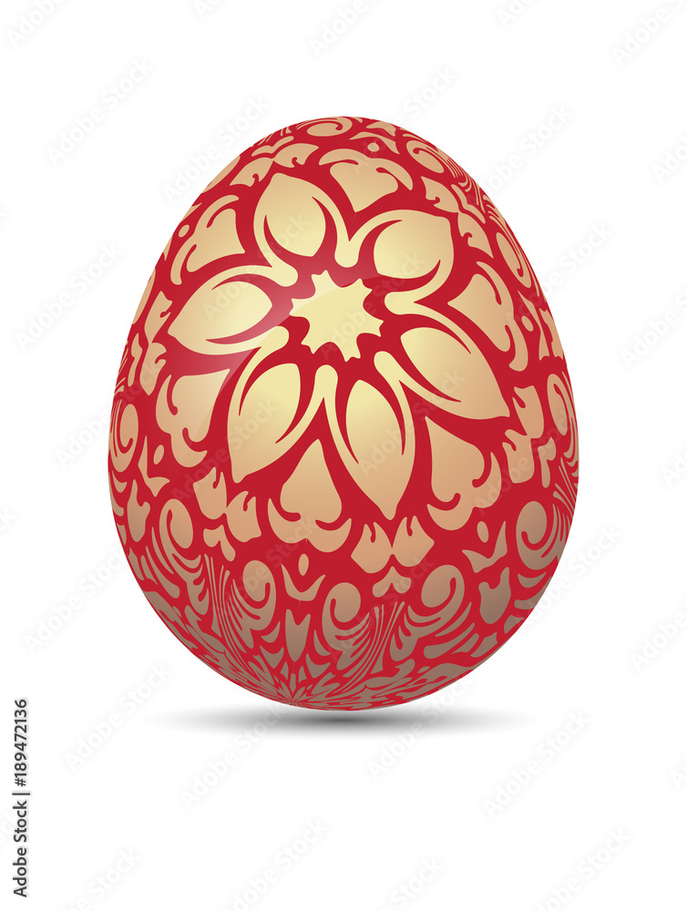 Realistic vector bright red Easter egg with golden decorative floral branch and shadow Realistic vector bright red Easter egg with golden decorative floral branch and shadow