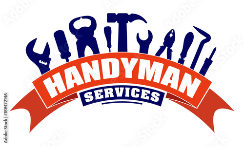 Handyman services vector design for your logo or emblem with  bend red banner and set of workers tools. There are wrench, screwdriver, hammer, pliers, soldering iron, scrap. photo