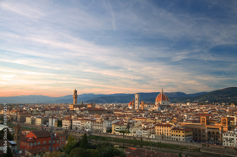 A view across Florence in Italy at sunset