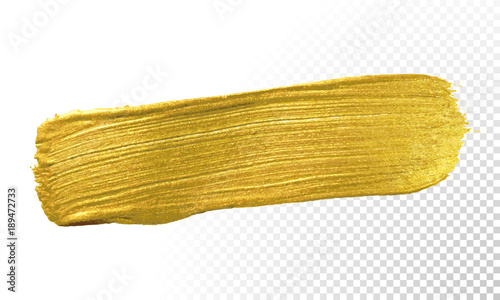 Gold color paint brush banner. Acrylic golden smear stroke stain on white background. Shine abstract detailed gold glittering textured wet paint stroke for party invitation card design template