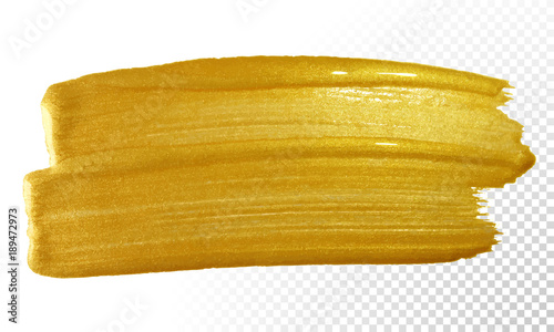 Gold paint brush smear vector stroke. Acrylic golden color stain on transparent background. Abstract gold glittering textured paint for invitation, wedding or bithday card template