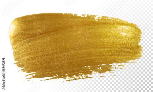 Gold paint brush vector smear stroke. Acrylic golden color stain on transparent background. Abstract vector gold glittering textured background for invitation, wedding or bithday card template