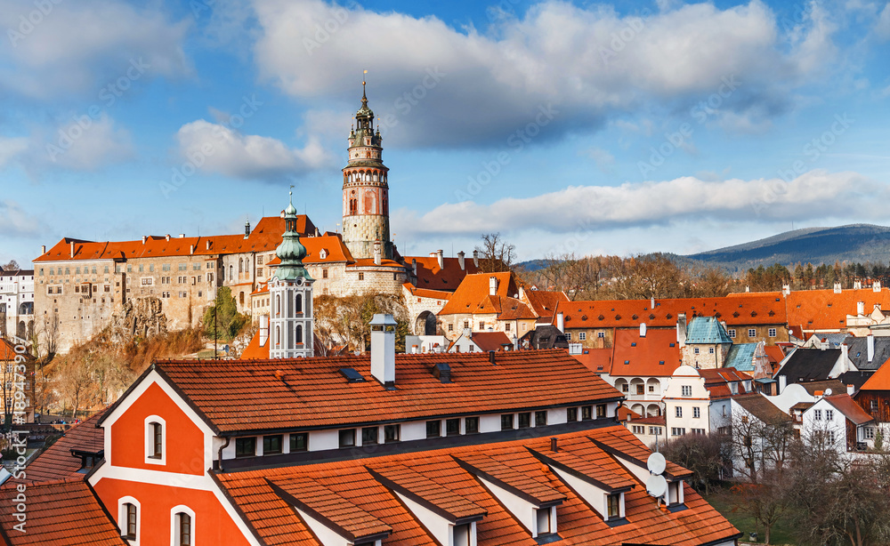 Classic view of the orange roofs of Cesky Krumlov and the famous tower