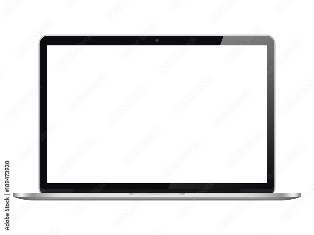 Modern open laptop with blank screen isolated on white background. Realistic laptop mockup. Computer screen front view. Vector illustration