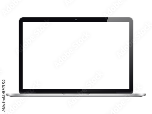 Modern open laptop with blank screen isolated on white background. Realistic laptop mockup. Computer screen front view. Vector illustration