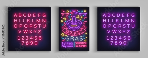 Mardi Gras poster design template in neon style. Neon sign, bright sign, brochure, invitation, postcard, vivid advertising of a fat Tuesday. Flyer, banner. Vector illustration. Editing text neon sign