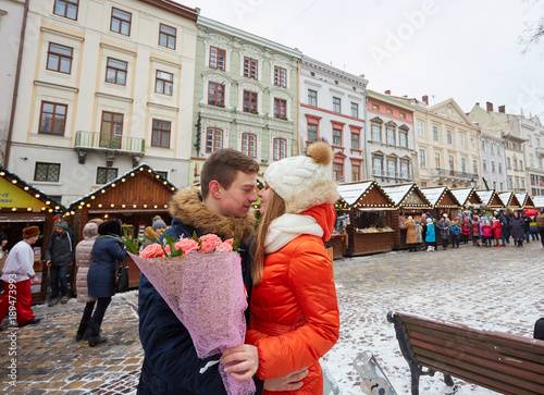 Young happy couple in love outdoors.