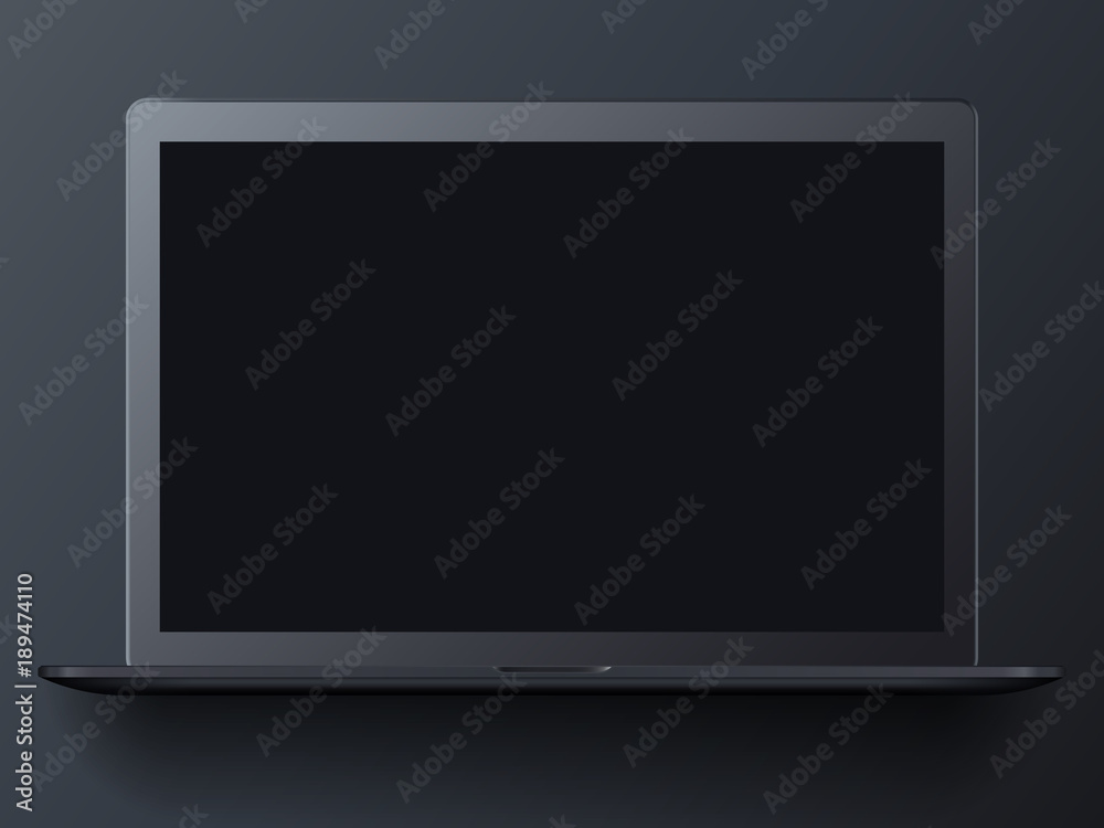 Modern black frosted open laptop on a black background. Realistic mockup laptop front view. Vector illustration Modern black frosted open laptop on a black background. Realistic mockup laptop front view. Vector illustration