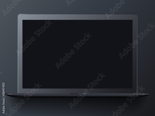 Modern black frosted open laptop on a black background. Realistic mockup laptop front view. Vector illustration
