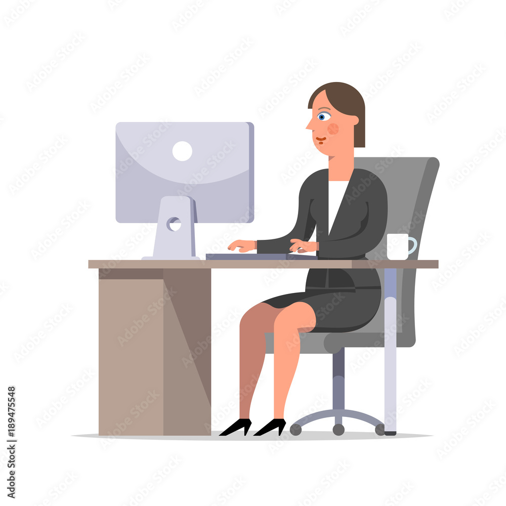 Businesswoman or clerk in a black suit sitting at the desk and working at the computer, looking at screen. Businesswoman or clerk in a black suit sitting at the desk and working at the computer, looking at screen.