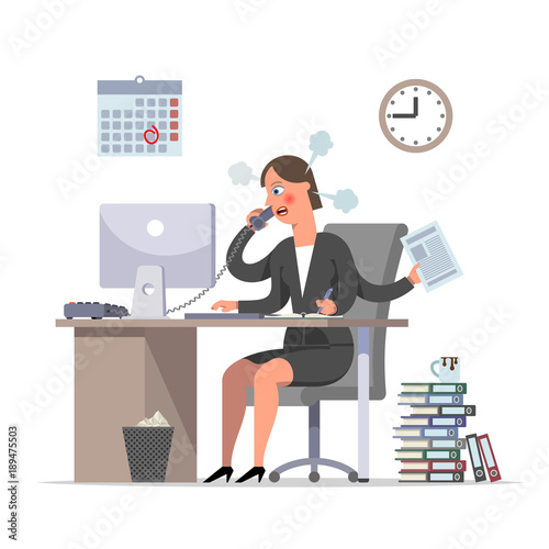 Multihanded businesswoman or the clerk is doing urgent work, the deadline is approaching