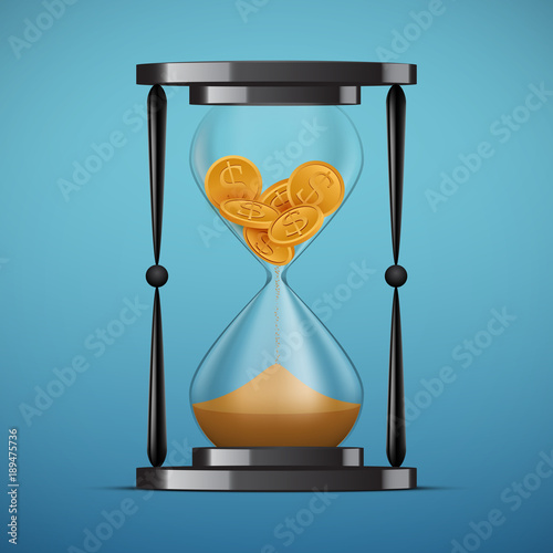 Time is money concept, hourglass with coins inside, vector design