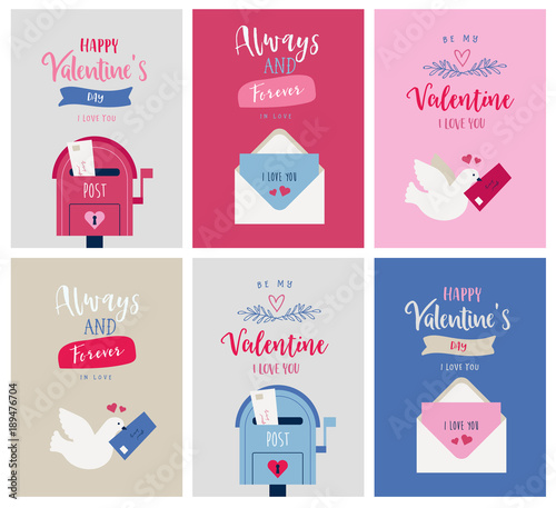Valentine's day card set, poster with graphic and typographic elements. Cute design, handwritten font. Love and romantic phrases