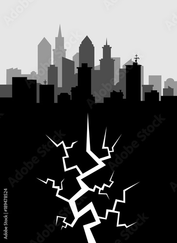 Earthquake and quake under city. Ground and land under town is cracked from epicenter. Danger and threat of disaster and natural catastrophe. Vector illustration