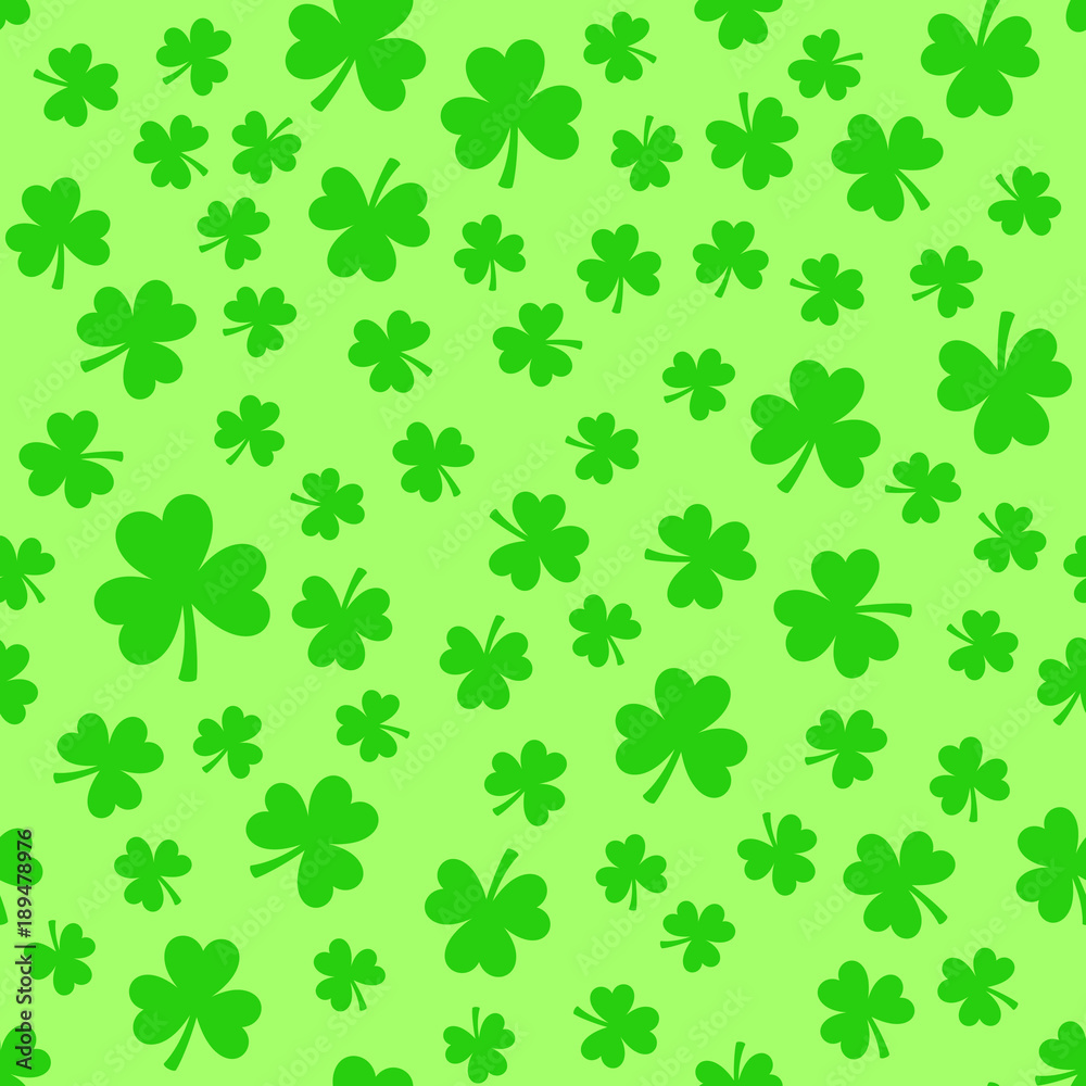 Bright green clover leaves, seamless pattern. Minimal vector background. Flat illustration of clover icon. St. Patrick's background. Bright green clover leaves, seamless pattern. Minimal vector background. Flat illustration of clover icon. St. Patrick's background.