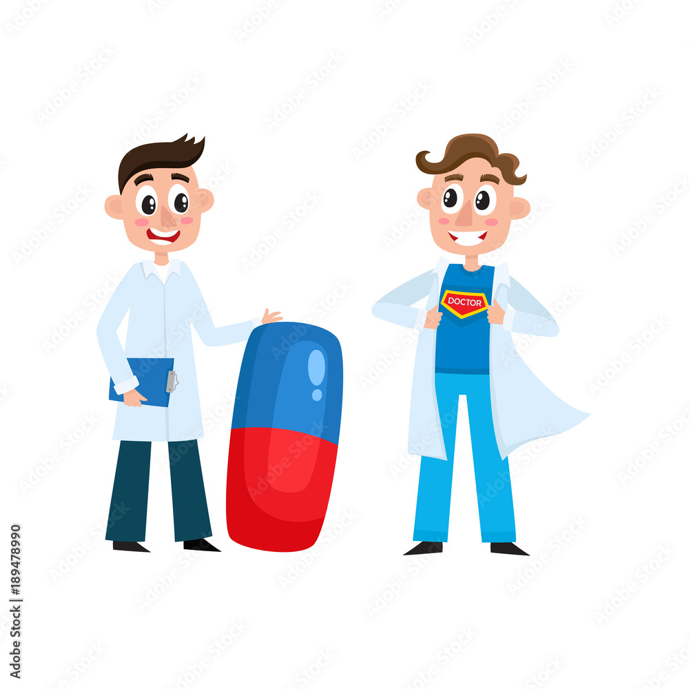 vector flat cartoon adult male doctor, physician in white medical clothing gown holding big huge pill, clipboard, super doctor showing tshirt with sign smiling. Isolated illustration white background.