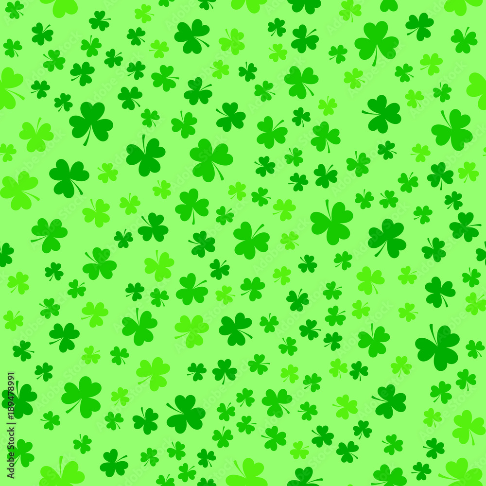 Bright green clover leaves, seamless pattern. Minimal vector background. Flat illustration of clover icon. St. Patrick's background. Bright green clover leaves, seamless pattern. Minimal vector background. Flat illustration of clover icon. St. Patrick's background.