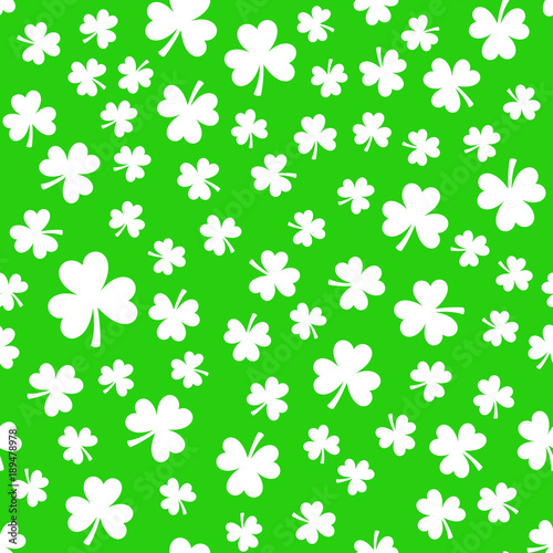 Bright green clover leaves  seamless pattern. Minimal vector background. Flat illustration of clover icon. St. Patrick s background.