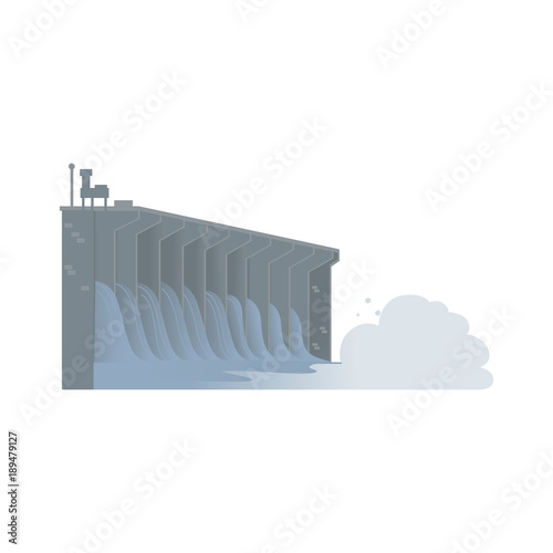 Water dam, hydroelectric power generator, flat vector illustration isolated on white background. Flat style image of hydroelectric dam, part of sustainable energy production plant