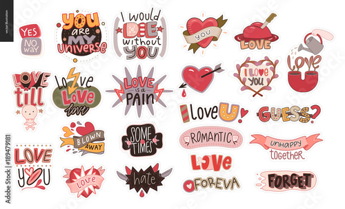 Set of contemporary girlie Love letter logo. A set of vector patches, logo and letter composition. Vector stickers kit.
