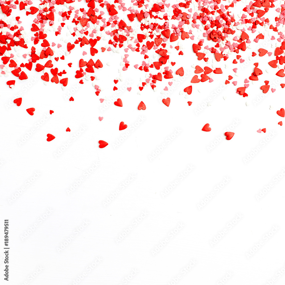 Valentine's Day background. Flat lay, top view of red, pink and white hearts. Blog header or hero. Love concept. Valentine's Day background. Flat lay, top view of red, pink and white hearts. Blog header or hero. Love concept.