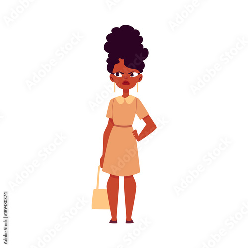 Vector flat adult african woman standing with dissatisfied, annoyed angry face expression, arm on waist in formal clothing. Female black character, isolated illustration on a white background.