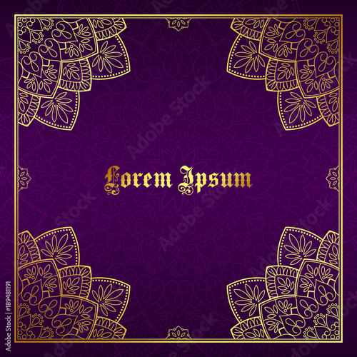 Greeting card, invitation or flyer template with golden mandala ornament. Hand drawn vector illustration