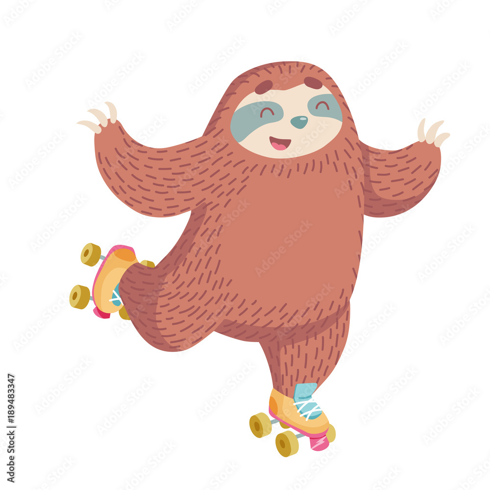 cute hand drawn cartoon vector sloth in retro roller skates. colorful