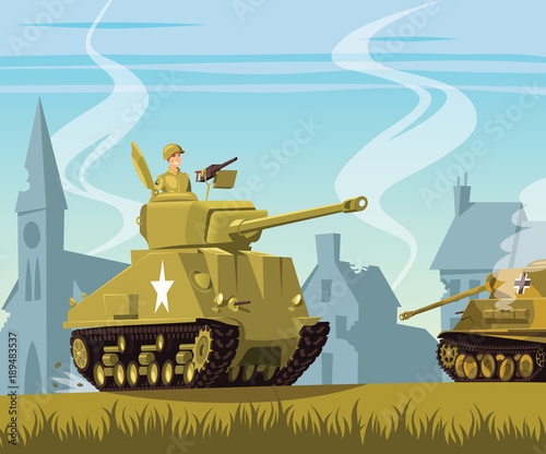 American tank on World War Two battlefield