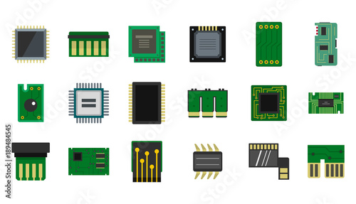 Micro chip icon set, flat style photo