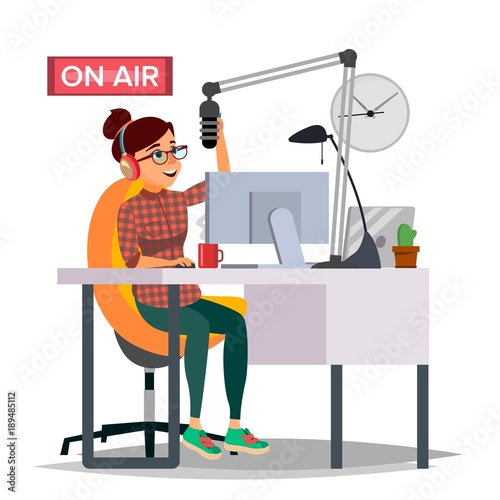 Radio DJ Woman Vector. Broadcasting. Modern Radio Station. Female Speak Into The Microphone. On Air. Broadcasting. Isolated Flat Cartoon Illustration