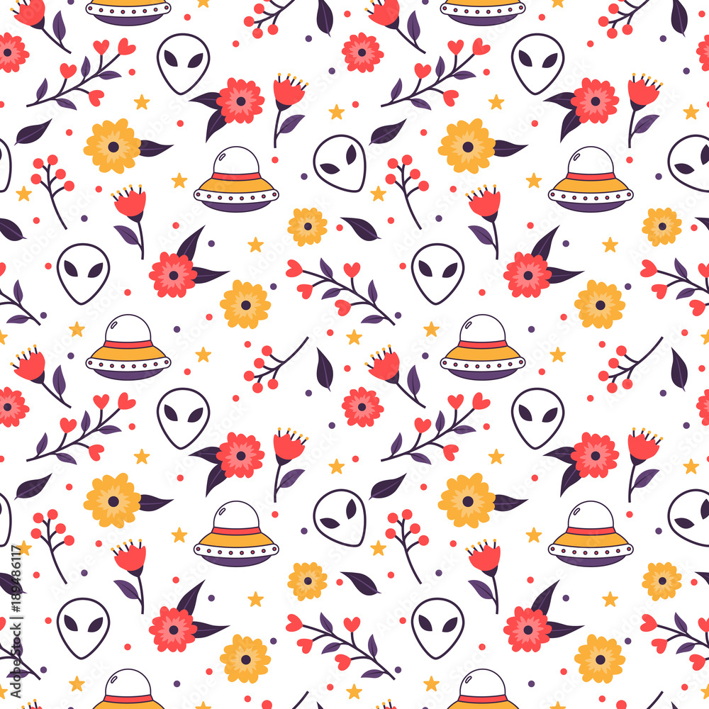Fototapeta premium Colorful floral seamless pattern with spaceships and alien faces